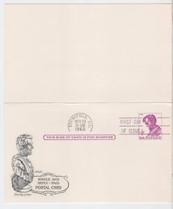 TurtlesTradingPost- Abraham Lincoln Reply Card- 1962 #UX48 FDC- Artmaster Cachet - Picture 1 of 2