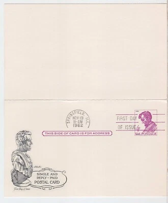TurtlesTradingPost- Abraham Lincoln Reply Card- 1962 #UY18 FDC- Artmaster Cachet - Image 1 of 2