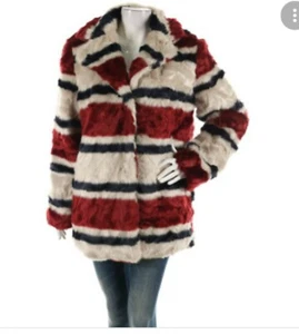 Juicy Couture Black Label NWT faux fur striped coat large grey burgundy blue - Picture 1 of 12