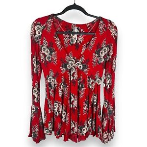 Free People Speak Easy Red Floral Print Long Sleeve top blouse size small flowy