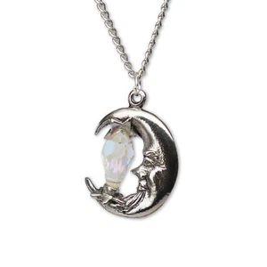 Mystical Quarter Moon with Faceted Crystal Pewter Pendant Necklace NK-416 - Picture 1 of 7
