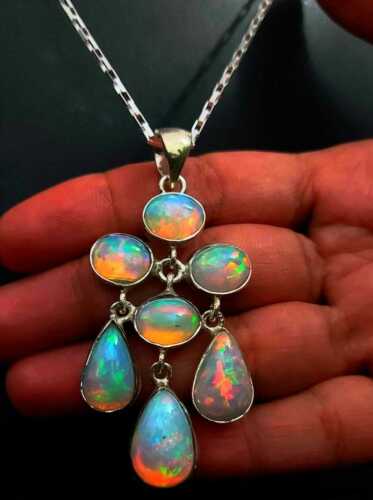 Natural Ethiopian fire opal pendant in 925 silver large opal necklace 18' chain