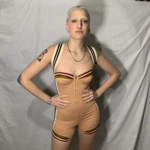 vtg Gaultier peach pink black bodycon unitard playsuit new rare 90s tags - Picture 1 of 4