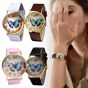 Women's Butterfly Dial Faux Leather Roman Numerals Quartz Analog Dress Watches - Picture 1 of 24