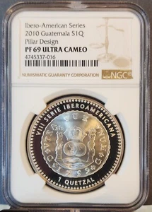 2010 GUATEMALA SILVER 1 QUETZAL PILLAR DESIGN NGC PF 69 ULTRA CAMEO RARE - Picture 1 of 3