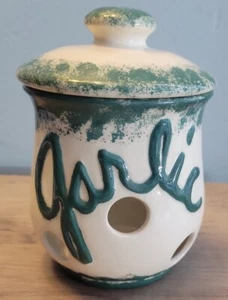 Vintage Garlic Cellar Keeper Green Spongeware & Ivory Vented With Lid Rare - Picture 1 of 7