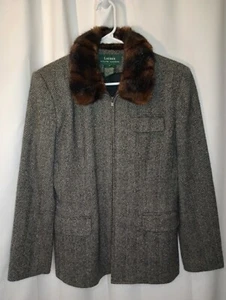 Ralph Lauren Womens Herringbone Tweed Fur Collar Jacket 6 Wool Silk Old Money - Picture 1 of 14