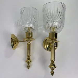 Pair Vtg Brass Wall Sconces Candle Holder Molded Glass Hurricane Shades Heavy - Picture 1 of 10