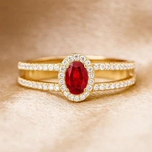 Oval Ruby & Diamond Ring 14k Solid Gold July Birthstone # 1066 - Picture 1 of 19