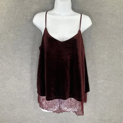 Rose Olive Velvet Lace Trim Cami Top Womens Sz L Spaghetti Strap Burgundy Boho - Image 1 of 4