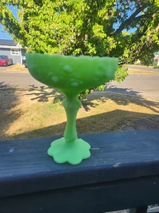 Vintage Fenton Satin Pudding limettengrün Standfuß Kompott Schale leuchtet *lesen* - Bild 1 von 15