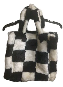 Women's Square Faux Fur Tote Bag Black White Checker Large 15x13x4" - Picture 1 of 5