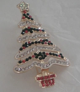 New Brilliant Goldtone Multi Color Crystal Christmas Tree Pin Brooch - Picture 1 of 6