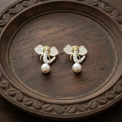 Pendientes Elefante Oro Boho Animal Perla Esmalte Cabeza Declaración Africana Foto 1 de 4