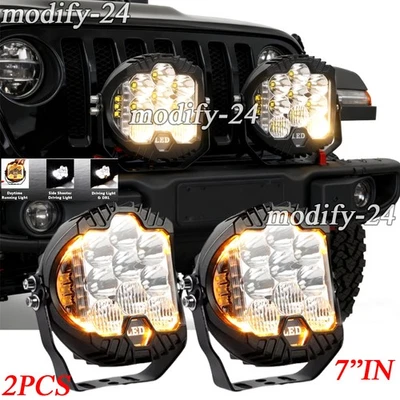2PCS 7" inch Round LED Work Lights Bar Amber DRL Pods Fog Lamp Offroad Driving - Image 1 of 4