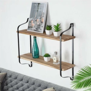 2 Layer Wood Wall Shelves Home Decor Floating Shelf Metal Hanging Storage Rack - Picture 1 of 12