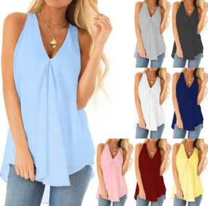 Women Chiffon Casual Loose Sleeveless Blouse V Neck Summer Tunic Tank Tops Shirt - Picture 1 of 10