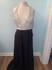 AIDAN MATTOX ~ SZ 12 Ivory Beaded Halter Bodice Black Chiffon Formal Gown NWT - Picture 1 of 22