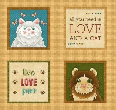 Live Love Meow Gold Kitty Cat Cotton Fabric Panel Henry Glass 23" x 44" - Image 1 of 2