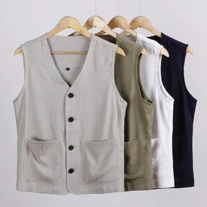 Men's Summer Cotton Linen Vest Loose Waistcoat Gilet Sleeveless Tops Plus Size - Picture 1 of 15