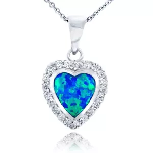 Sterling Silver Lab Created Blue Opal & Cubic Zirconia Heart Necklace - Picture 1 of 3