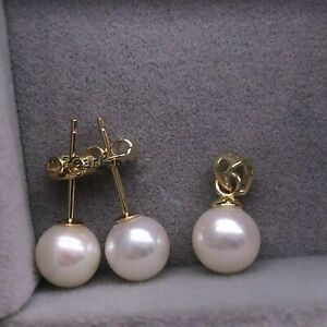 Gorgeous AAAA 9-10mm south sea White Round pearl pendant &earring sets 14K
