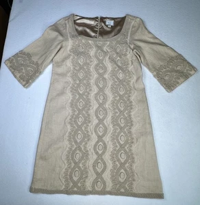 Eci New York 100 % Leinen bestickt beige hellbraun gefüttert 3/4 Arm Kleid Gr. 6 - Bild 1 von 11