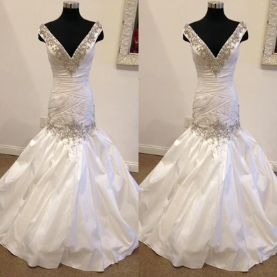 Mermaid Wedding Dresses V Neck Rhinestone Ruched Satin Sleeveless Bridal Gowns - Image 1 of 4