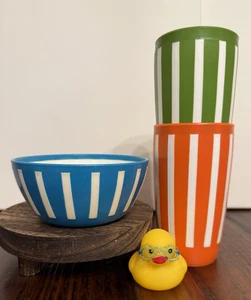 VTG Deka  4.5"  Striped Blue Bowl  &   5"  Striped Green & Orange  Tumblers RARE - Picture 1 of 8