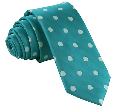 New Men's Poly Woven 2.5" Skinny Slim Necktie Polka Dots White Turquoise blue - Image 1 of 2