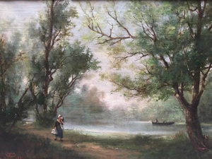 Antique Original Painting signed Jules CAYLA Landscape Barbizon, People - Bild 1 von 8
