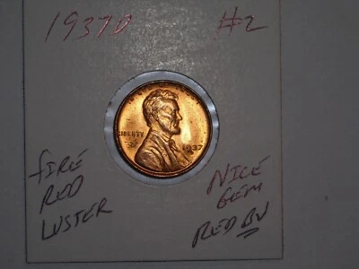 wheat penny 1937D NICE RED BU LINCOLN CENT 1937-D LOT #2 GEM UNC RED LUSTER - Image 1 of 3