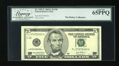 DBR 2003-A $5 FRN San Francisco Gem Fr. 1991-L Legacy 65 PPQ Serial FL57678302A - Image 1 of 2