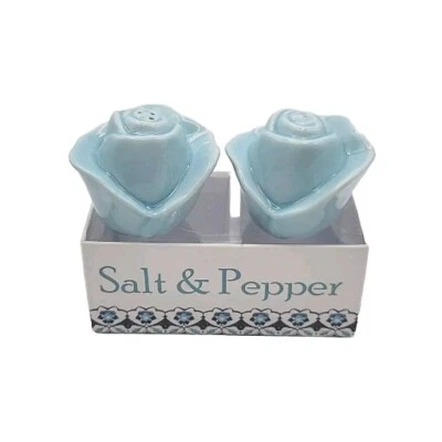 Blue Roses Ceramic Flowers Salt And Pepper Shakers NEW Cordon Bleu Inc - Image 1 of 4