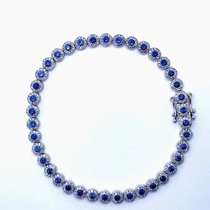 Cornflower BLUE Unheated Sapphire Diamond Tennis Bracelet 14K White Gold - Picture 1 of 9