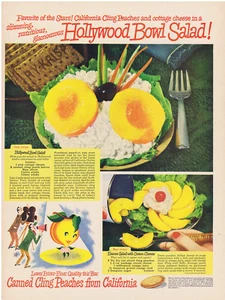 1950 Anthropomorphic PEACH California Peaches Hollywood Bowl Salad Print Ad - Picture 1 of 1