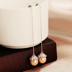 18K White Gold Filled Made With SWAROVSK Pearl Flower Brown Ear Line Earrings - Picture 1 of 4