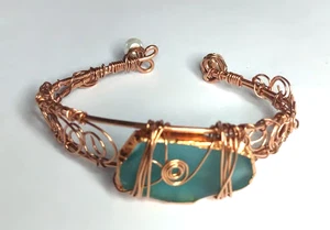 bracelet sea glass with faux pearls wire wrapped bangle bracelet it#8095 - Picture 1 of 4