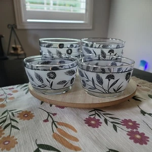Libbey MCM Set of 6 Frosted Silver Wheat & Flowers Dessert Bowls - Picture 1 of 5
