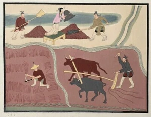 No. 6 Farming & Reaping - Original Antique Chinese Woodblock Print Asian Art - Picture 1 of 3