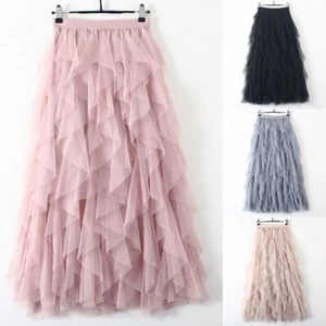 Women Elastic High Waist Ruffle Mesh Tulle Tutu Skirt Pleated Long Party Dress X - Picture 1 of 9