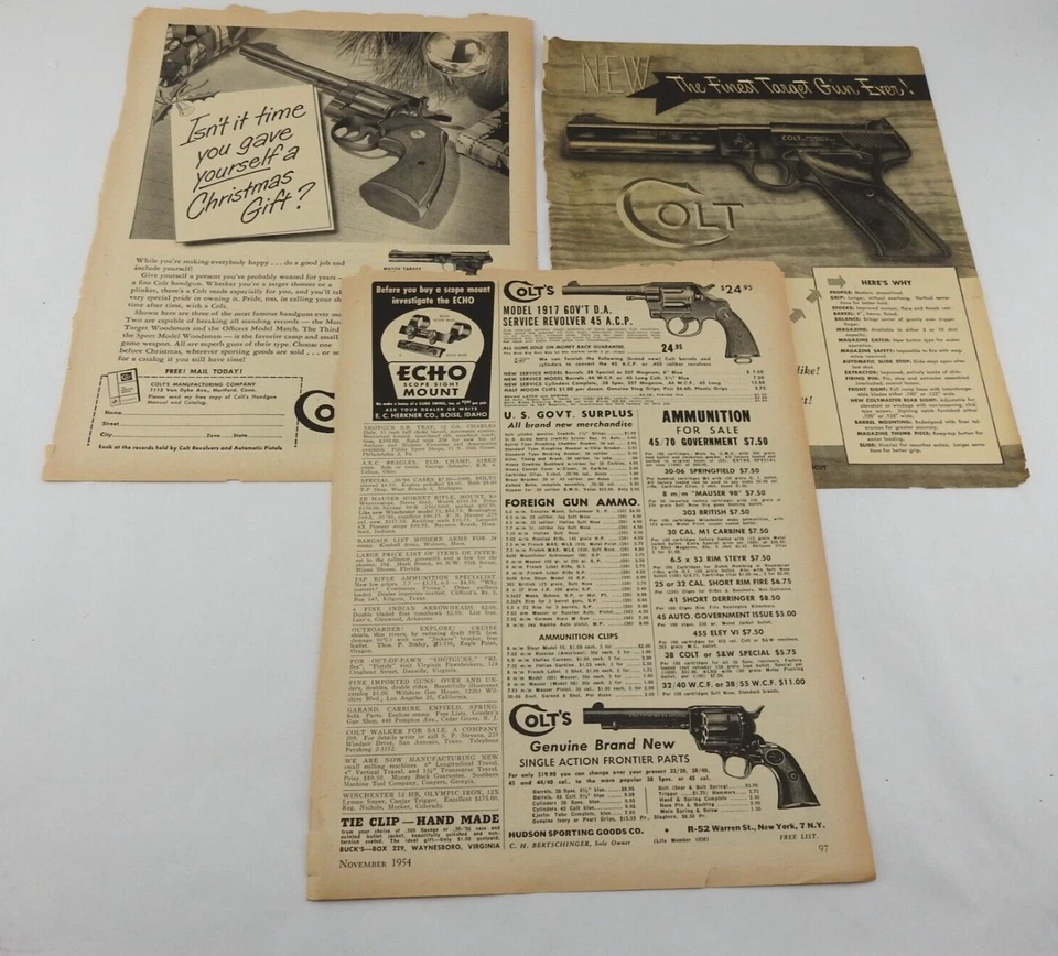 3 Vintage Colt Firearm Advertising Pages Handgun Woodsman Revolver - Image 1 of 4