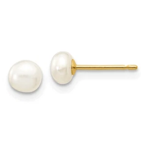 Real 14K Yellow Gold 4-5mm White Button FW Cultured Pearl Stud Post Earrings - Picture 1 of 5
