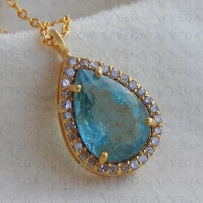 Colgante de oro amarillo sólido de 14K con diamantes y aguamarina natural de pera de 5,89 quilates sin cadena Foto 1 de 4