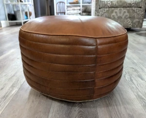 VINTAGE Leather Pouffe Foot Stool Ottoman Ribbed Tufted Piped - Picture 1 of 12