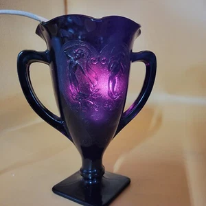 Vintage 1930'S LE SMITH Embossed Black Amethyst Glass Loving Trophy Cup Vase - Picture 1 of 13