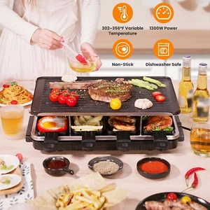 8 Raclette Pans Grill BBQ Grill 2 in 1 Electric Griddle Non-Stick Grilling Plate - Picture 1 of 13