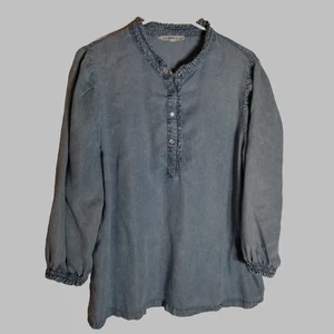 Jane and Delancey Top Women's Large 1/4 Pearl Snap Blouse Blue Ruffle Lyocell - Picture 1 of 8