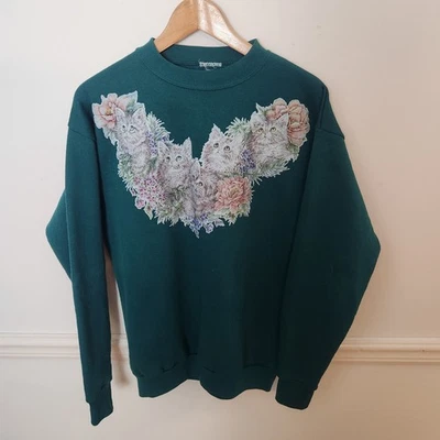 Sudadera Vintage Gato Gatito XS Pequeña Mujer Verde Informal Animal Gráfico Crew Foto 1 de 4