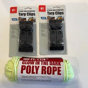 2 Packs HFT Multipurpose Tarp Clips 8pc (16) 100ft X 1/4” Glow In The Dark Rope - Picture 1 of 8